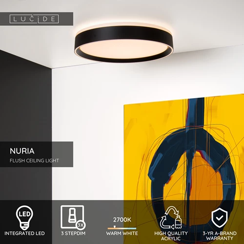 Lucide NURIA - Flush ceiling light - Ø 30 cm- LED 3 StepDim - 1x18W 2700K - Black - USP